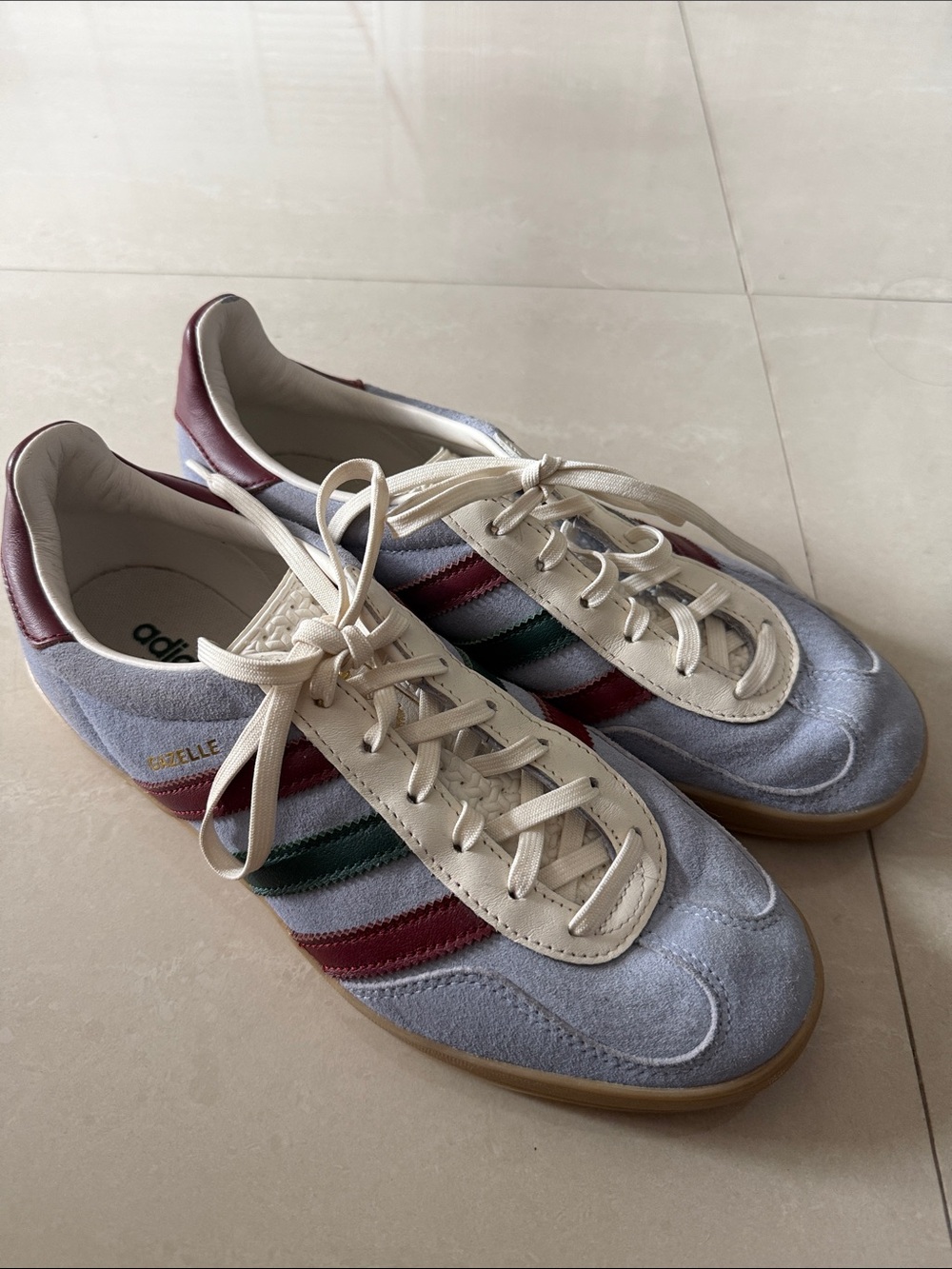 adidas Gazelle Suede Sneakers in Light Blue with Burgundy & Green Stripes